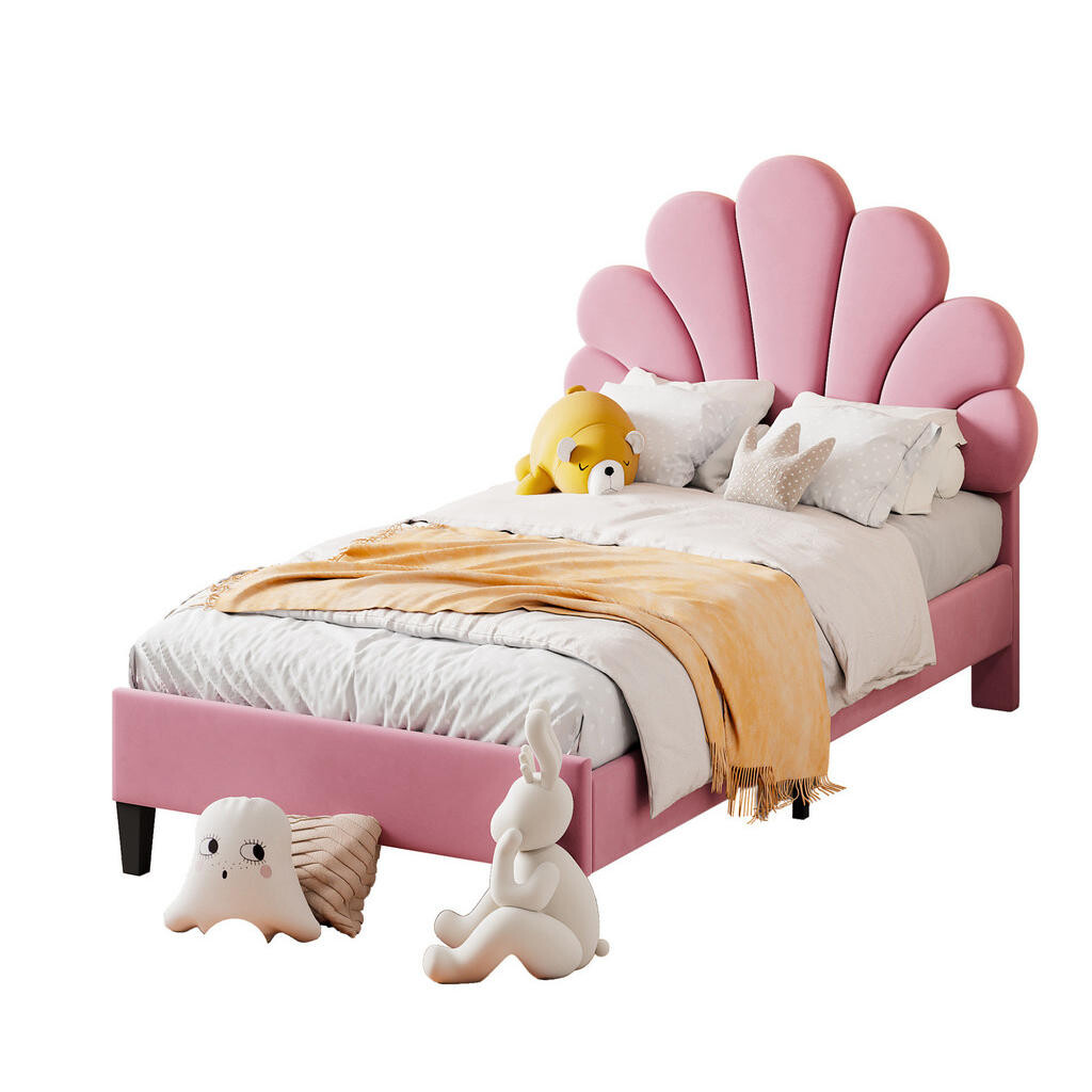 OKWISH ČALOUNĚNÁ postel 90/200 cm růžová z MDF a samtu s květinovým čelem a roštem