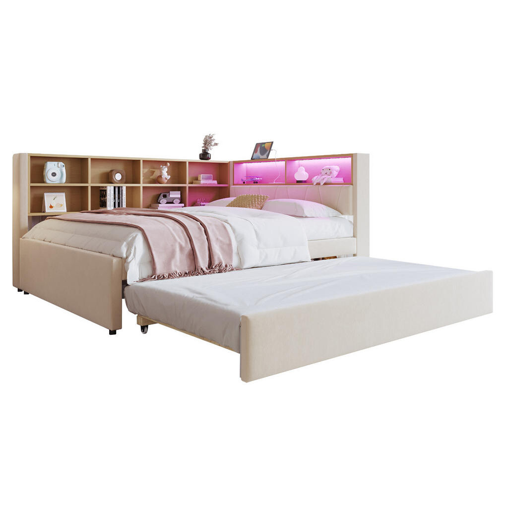 OKWISH ROZKLÁDACÍ postel 140/200 cm béžová z flanelu s výsuvným lůžkem LED a úložnými přihrádkami