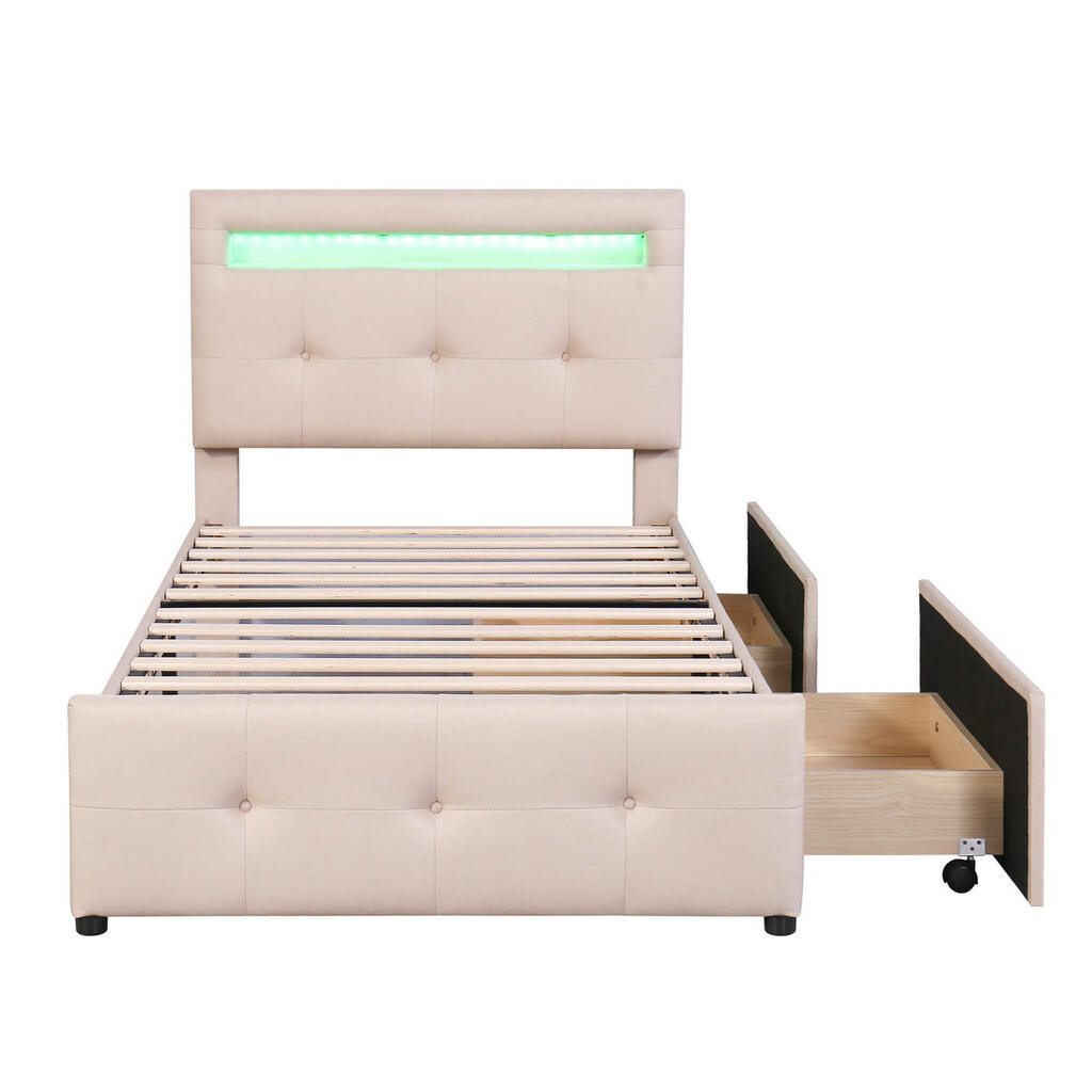 Redom ČALOUNĚNÁ postel 90/200 cm s LED osvětlením a 2 zásuvkami, klasický styl a nastavitelným čelem, Béžová