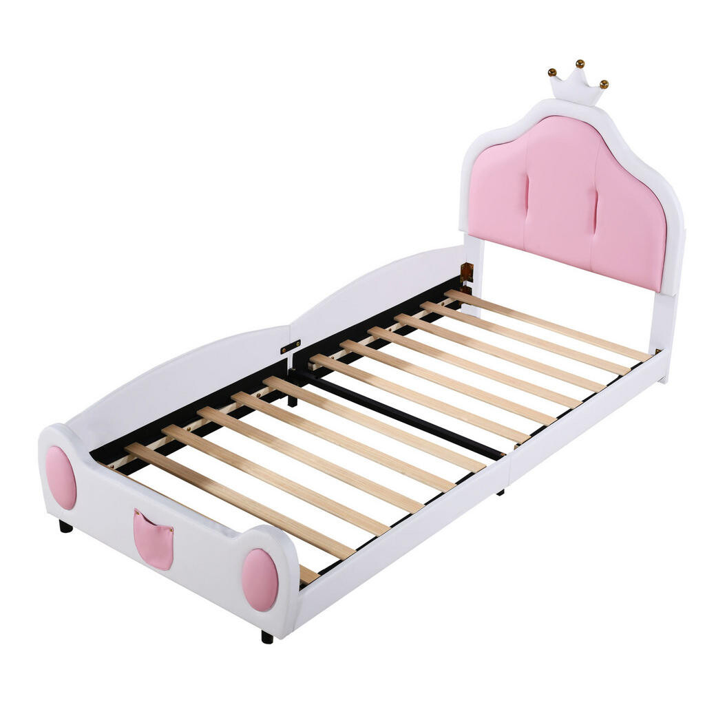 OKWISH ČALOUNĚNÁ postel pro děti 90/200 cm bílá a růžová z umělé kůže s korunkovým čelem