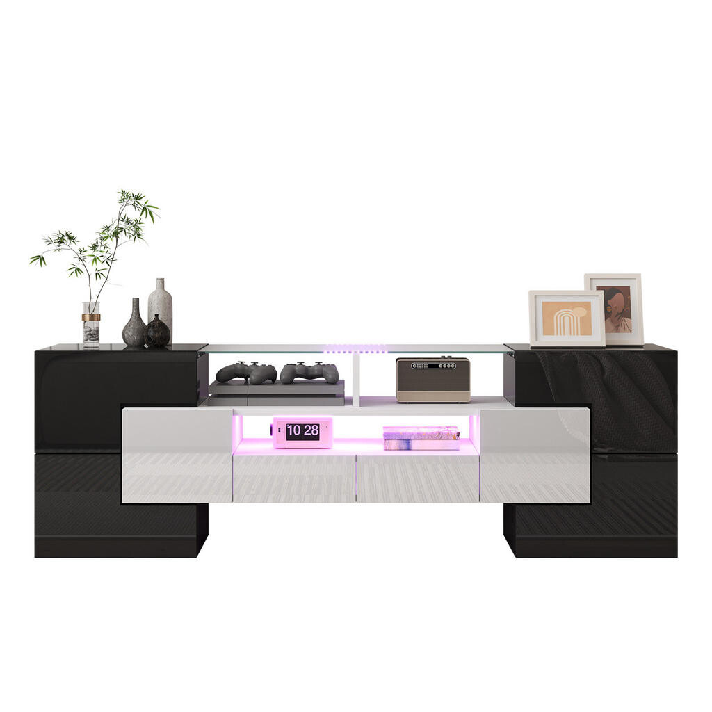Redom TV stolek 145/30/51 cm s LED osvětlením a velkým úložným prostorem, MDF, Bílá/černá