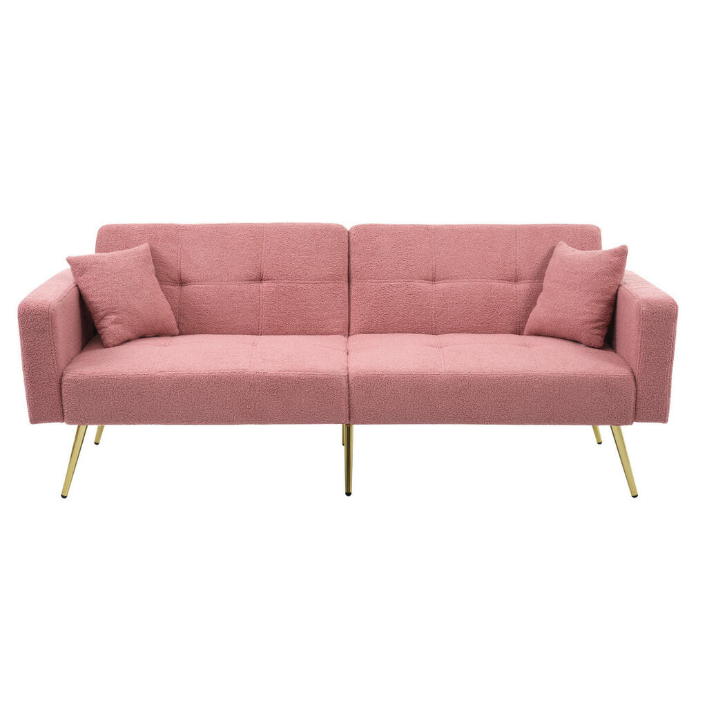 OKWISH ROZKLÁDACÍ pohovka 175/64/72 cm růžová ze sherpa tkaniny s nastavitelným opěradlem a kapsami
