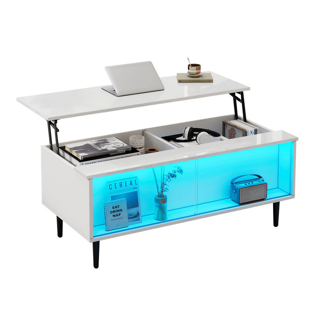 OKWISH KONFERENČNÍ stolek 105/50/43 cm bílý z dřevotřísky a tvrzeného skla s LED a výklopnou deskou
