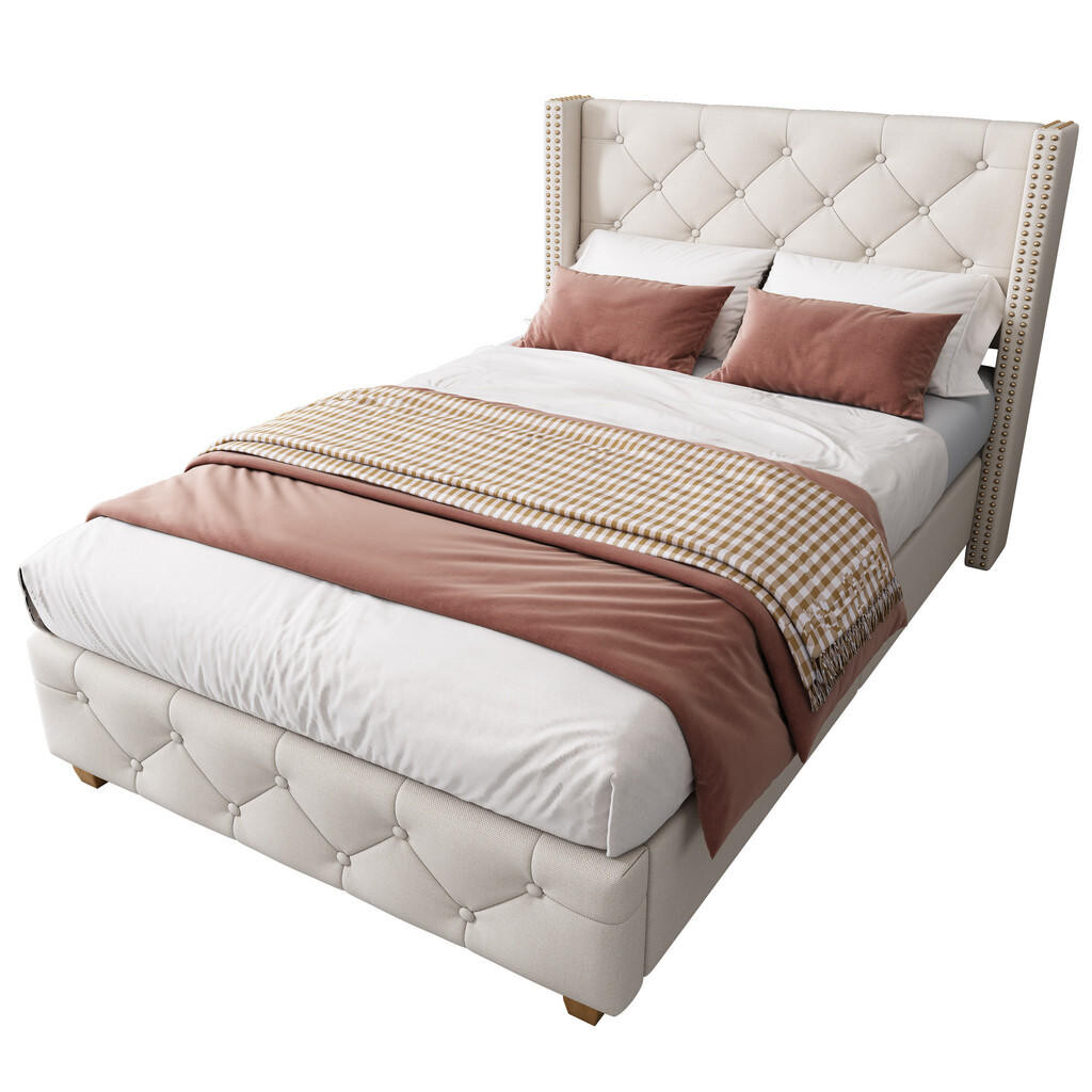 FLIEKS ČALOUNĚNÁ POSTEL 90x200 Béžová Len Knoflíkové Čelo