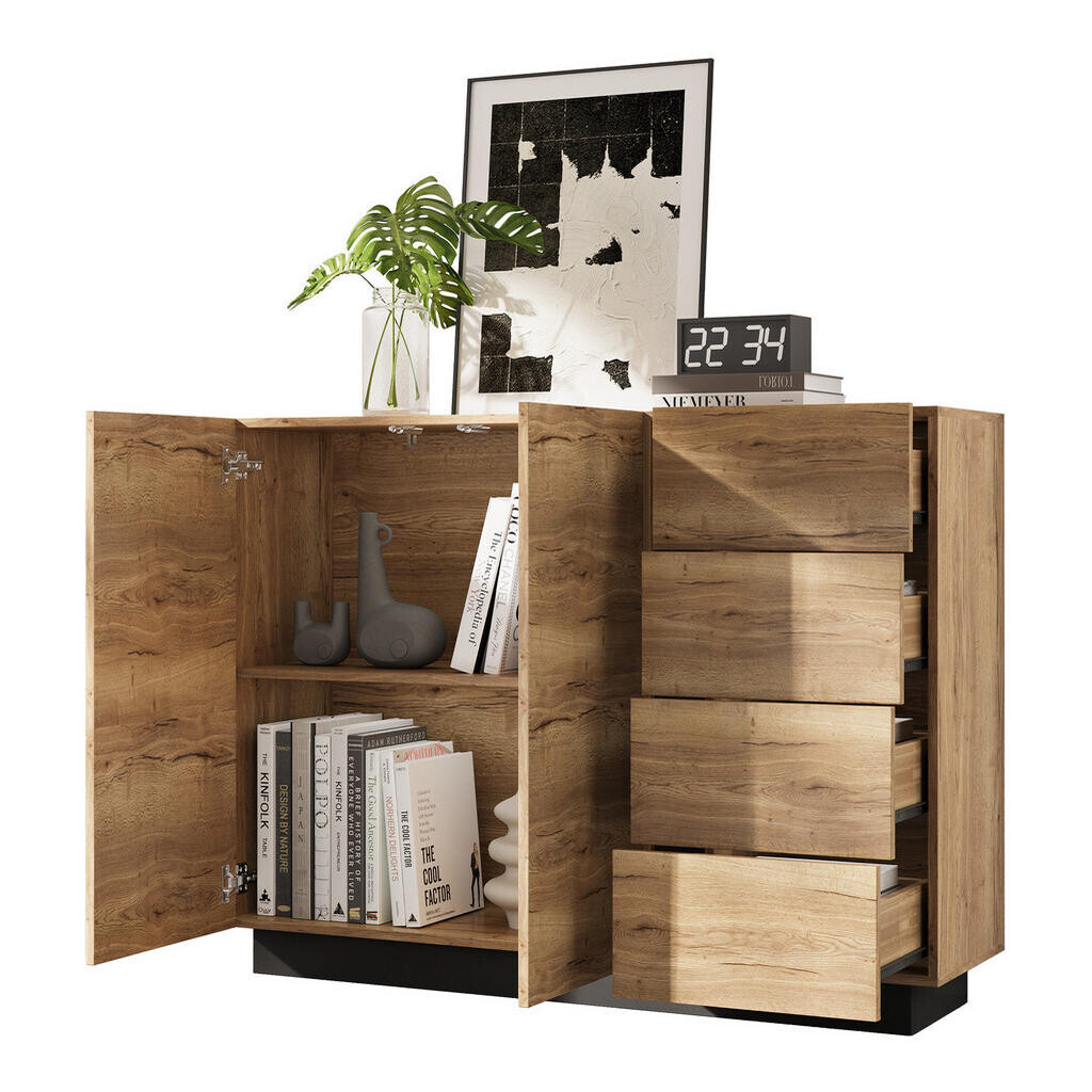 OKWISH KOMODA 120/35,5/90,5 cm přírodní černá z dřevotřísky s bezúchytkovým otevíráním a úložným prostorem