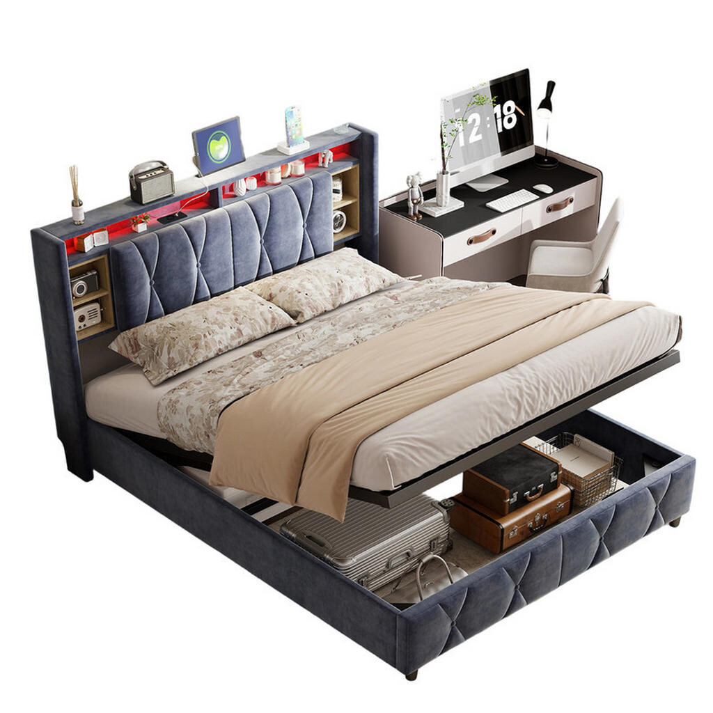 SHOPENTRA ČALOUNĚNÁ postel 140x200 cm šedý samet LED USB bed box