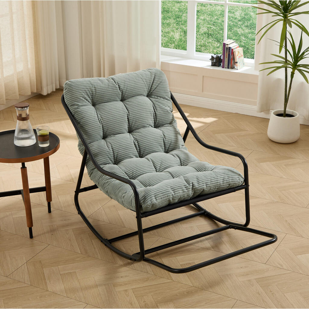 OKWISH HOUPACÍ křeslo 75/116/82 cm světle zelená z oceli s polštářem a nastavitelným houpáním