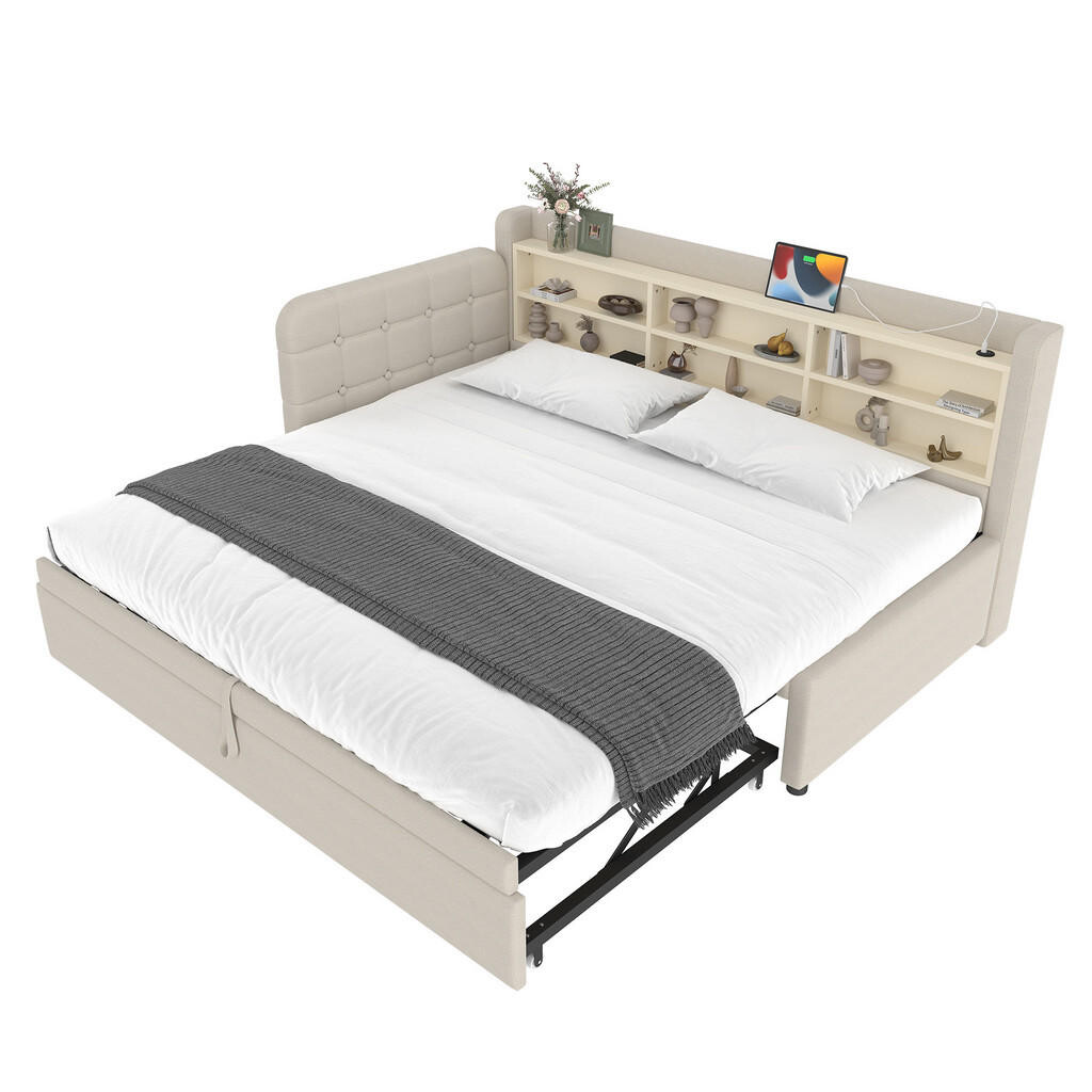 WISHDOR ROZKLÁDACÍ POHOVKA 90 × 200 cm / 90 × 189 cm v béžovém lnu s USB, USB-C a odkládacími přihrádkami