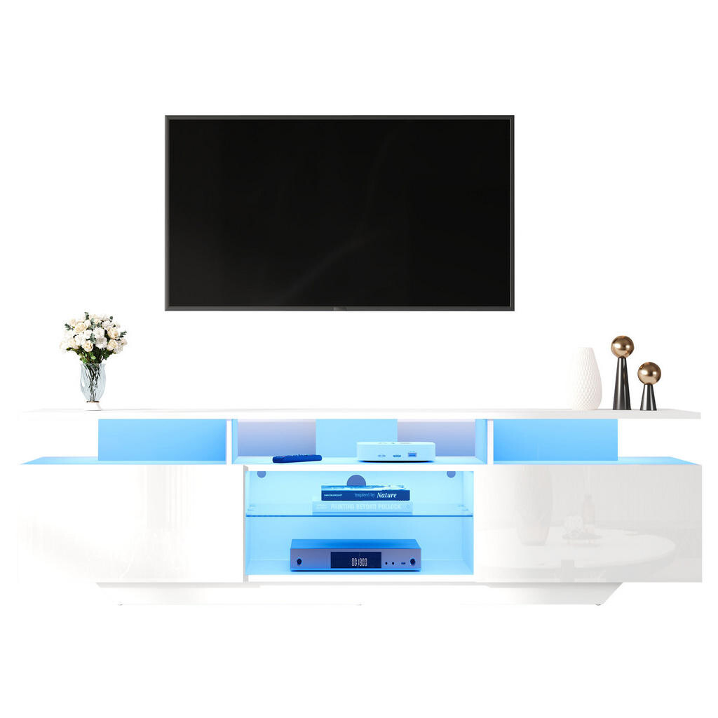 Redom TV stolek 160/40/45 cm s LED osvětlením ovládaným přes aplikaci, 2 skřínkami a tvrzeným sklem, Bílá