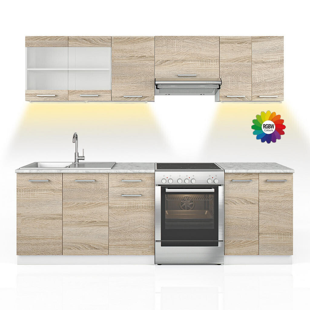 Vicco KUCHYŇSKÁ LINKA R-Line, Sonoma/Bílá, 240 cm S pracovní deskou s páskem LED