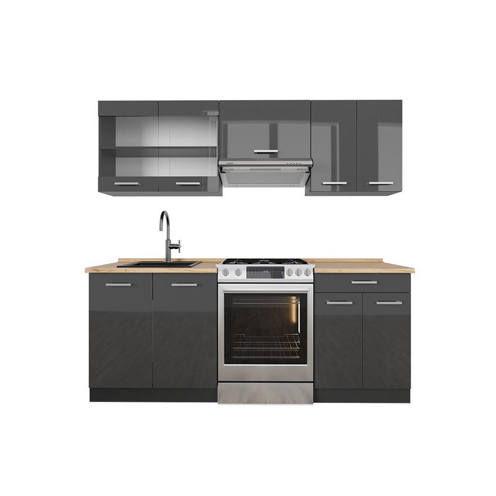 Vicco KUCHYŇSKÝ KOUT R-Line Antracit vysoký lesk/antracit 200 cm , PD Dub
