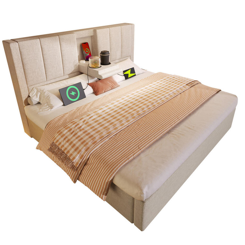 OKWISH ČALOUNĚNÁ postel 140/200 cm béžová z lnu s nabíjecí stanicí a úložným prostorem