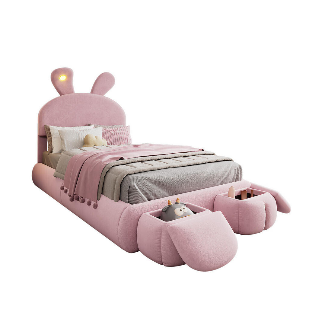 OKWISH ČALOUNĚNÁ postel 90/200 cm růžová ze sametu s LED osvětlením a úložnými taburety