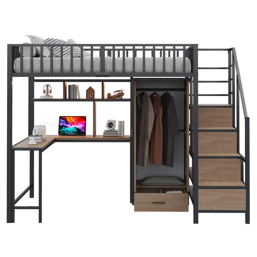 OKWISH VYSOKÁ postel 140/200 cm černá s psacím stolem a úložným prostorem z kovu a MDF