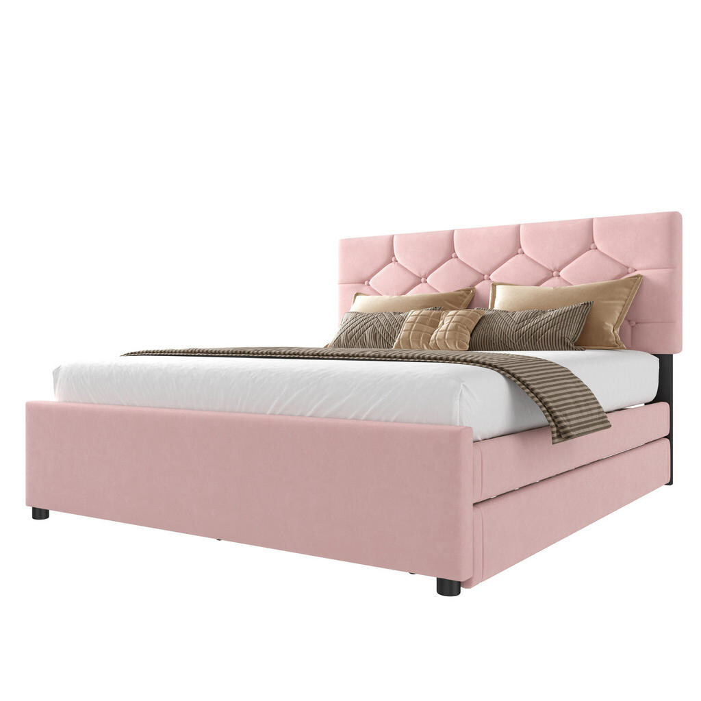 Redom ČALOUNĚNÁ postel 140/200 cm s výsuvným lůžkem a lamelovým roštem, knoflíkové čelo, Růžová