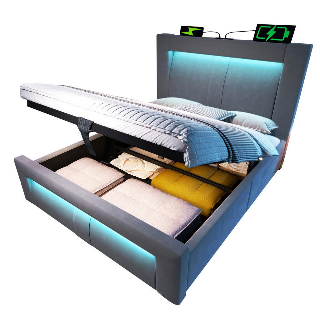 Redom POSTEL 90/200 cm s úložným prostorem, LED osvětlením, USB a Type-C nabíjením, Šedá