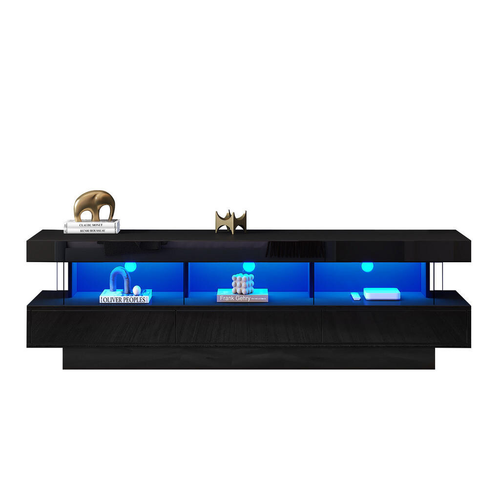 Redom TV stolek 160/38/50,5 cm s LED osvětlením, Bluetooth ovládáním a 3 skleněnými policemi, Černá