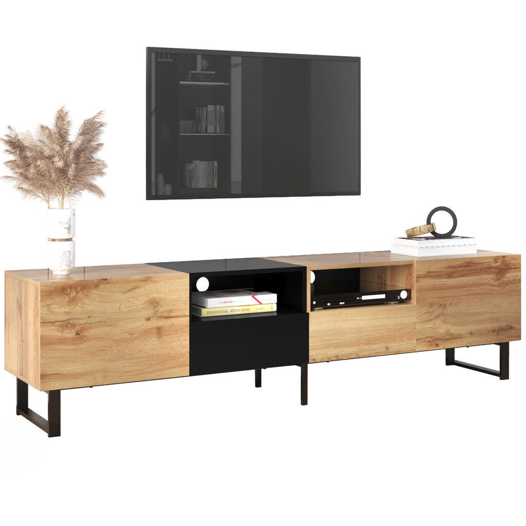 Redom TV stolek 190/38/48 cm s dvěma dveřmi a dvěma zásuvkami, snadný přístup a odolné PVC hrany, Černá a přírodní dřevo