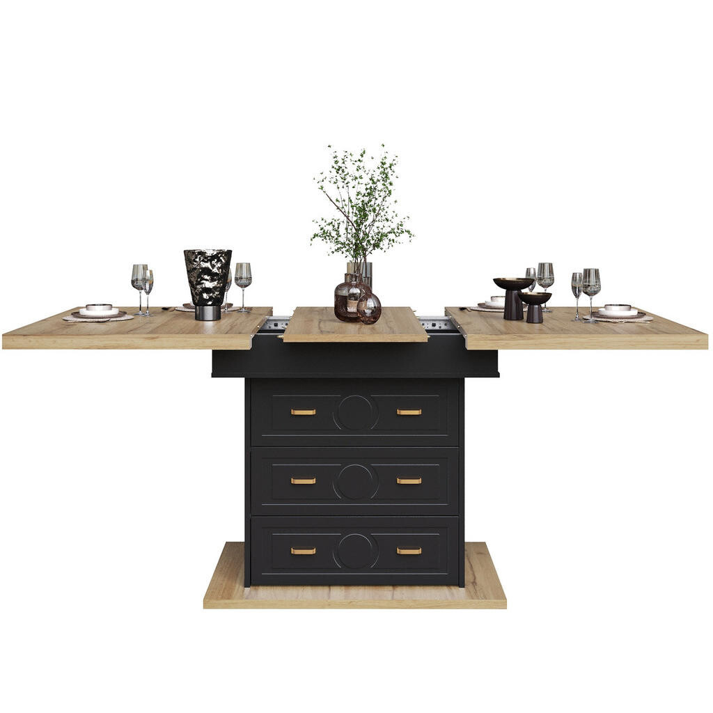 OKWISH JÍDELNÍ stůl 110-140/80/75 cm v dekoru přírodního dřeva z MDF a kovu rozkládací s úložným prostorem