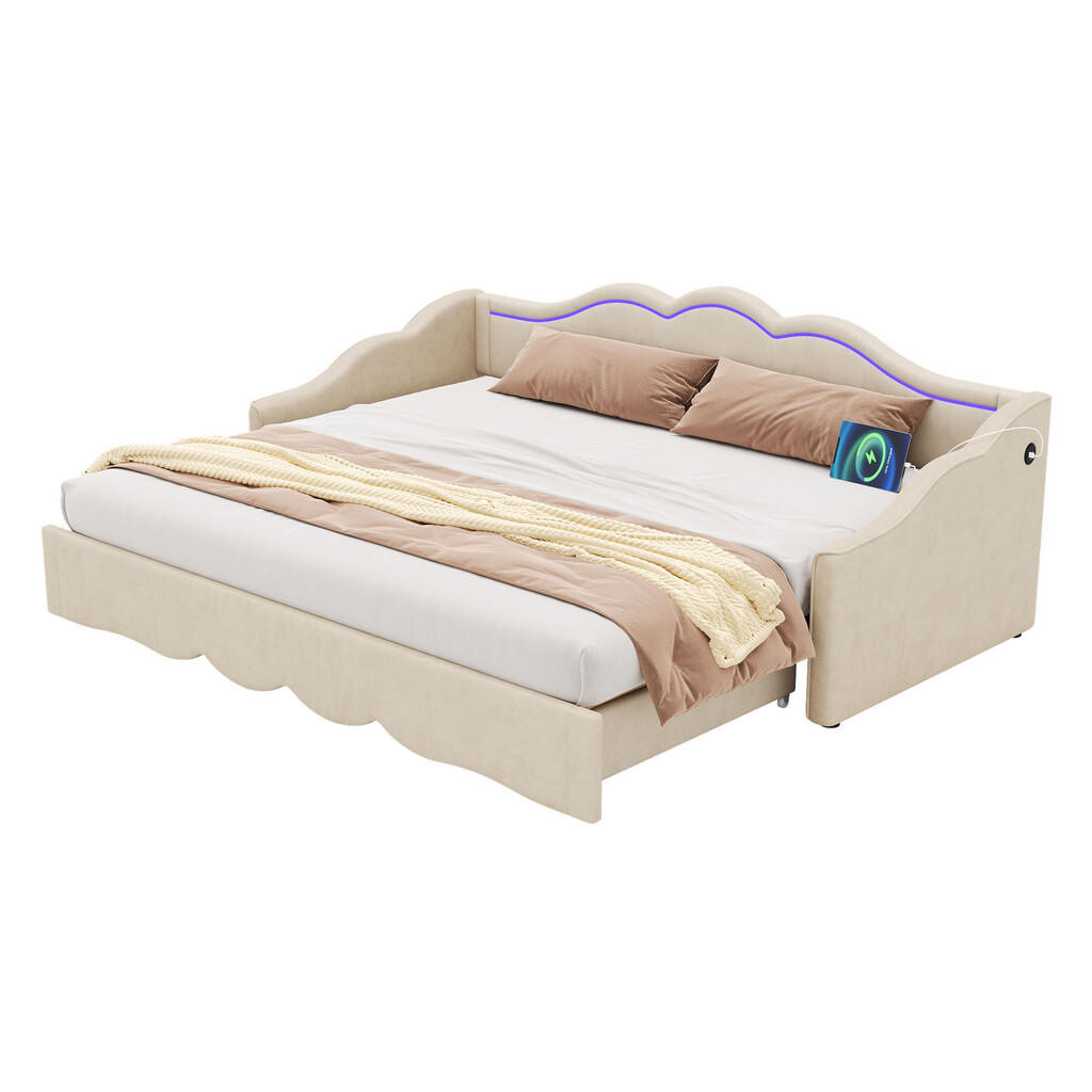 FLIEKS DAYBED 90x200 Béžová Samet Výsuvná LED USB