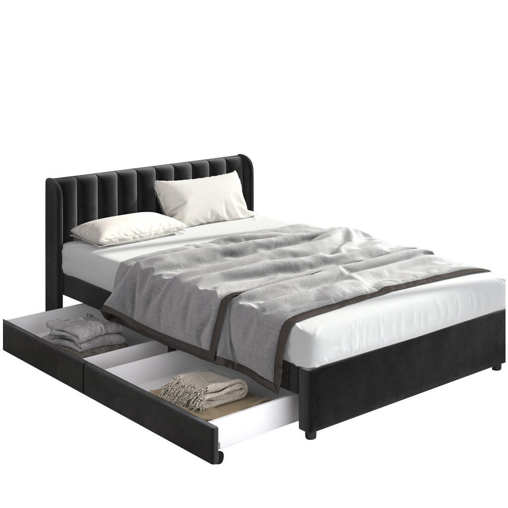 OKWISH ČALOUNĚNÁ postel 160/200 cm černá ze sametu s roštem a 2 zásuvkami