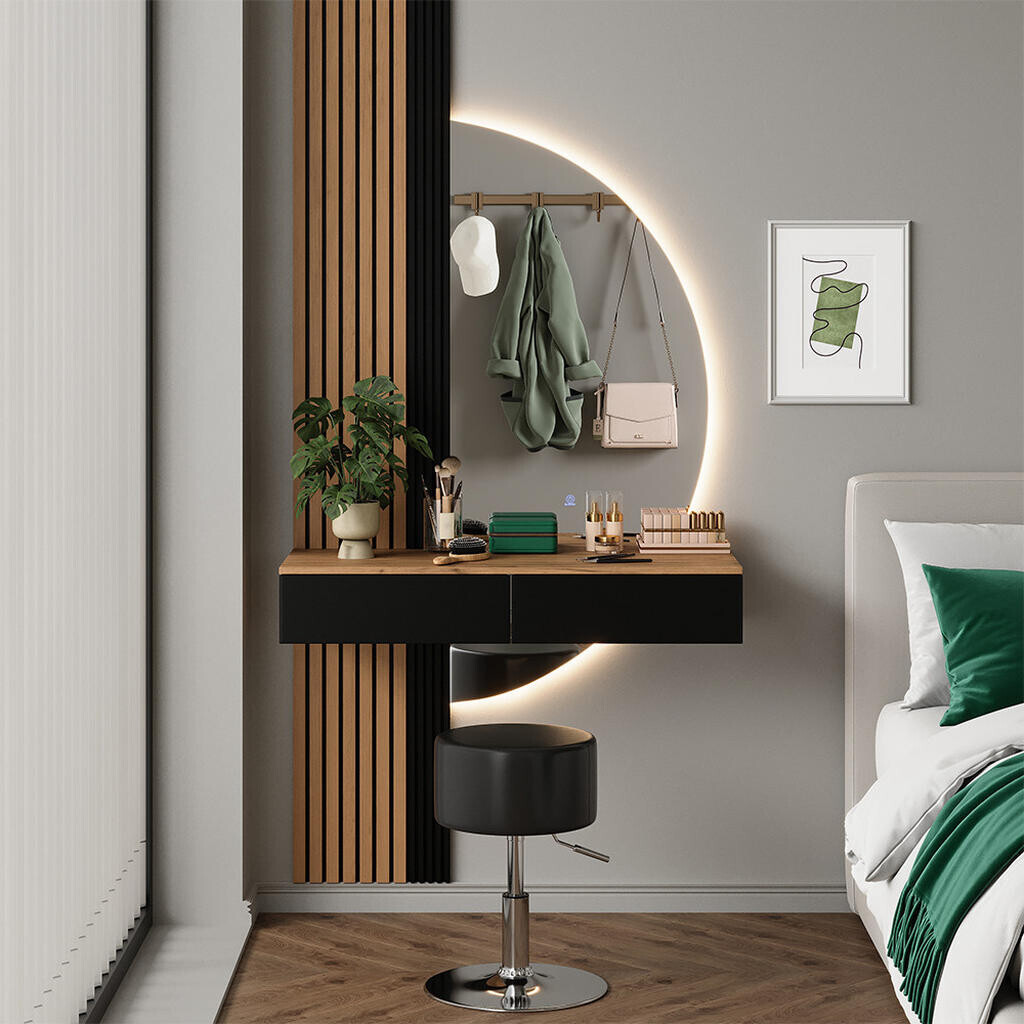 Vicco TOALETNÍ STOLEK Melina Dub/černá 100 cm se zrcadlem LED a stoličkou