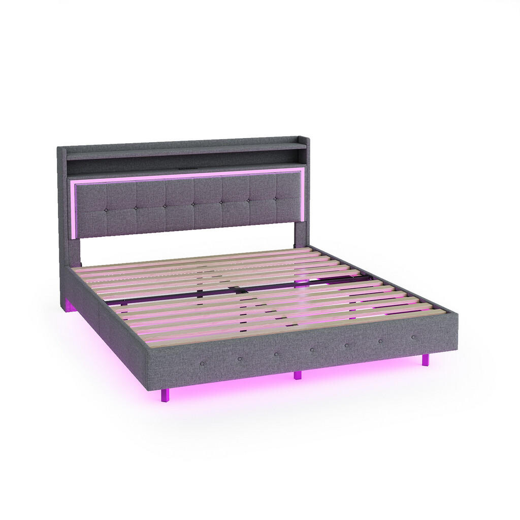 WISHDOR ČALOUNĚNÁ POSTEL 140/200 cm v šedé lněné látce s LED osvětlením, USB a odkládací plochou