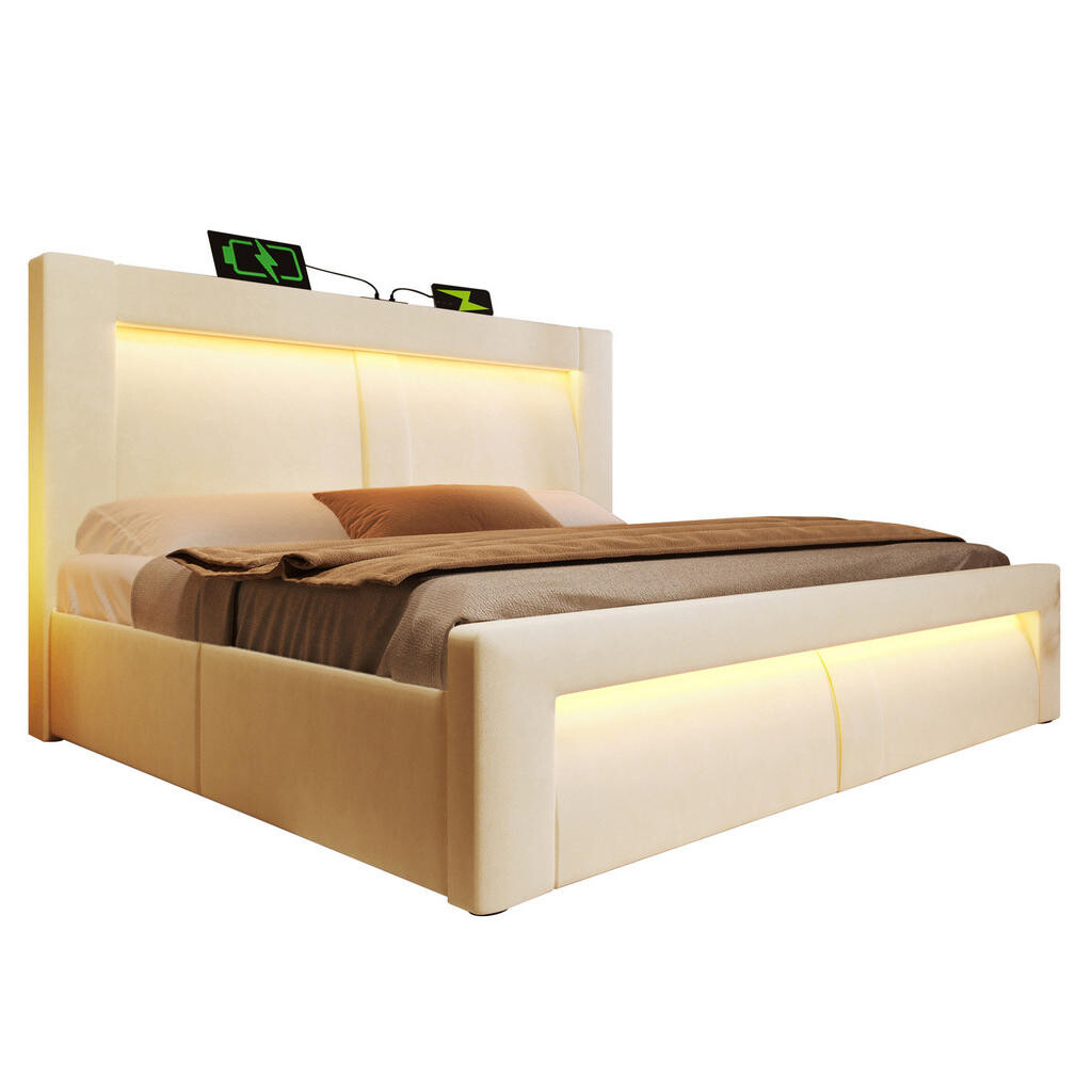 OKWISH ČALOUNĚNÁ postel 140/200 cm béžová ze sametu s úložným prostorem, LED a USB