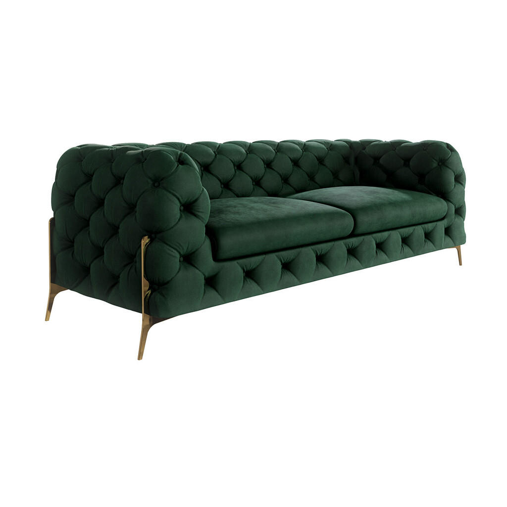 S-Style CHESTERFIELD TŘÍMÍSTNÁ POHOVKA Lexi z lahvově zeleného sametu se zlatými nohami