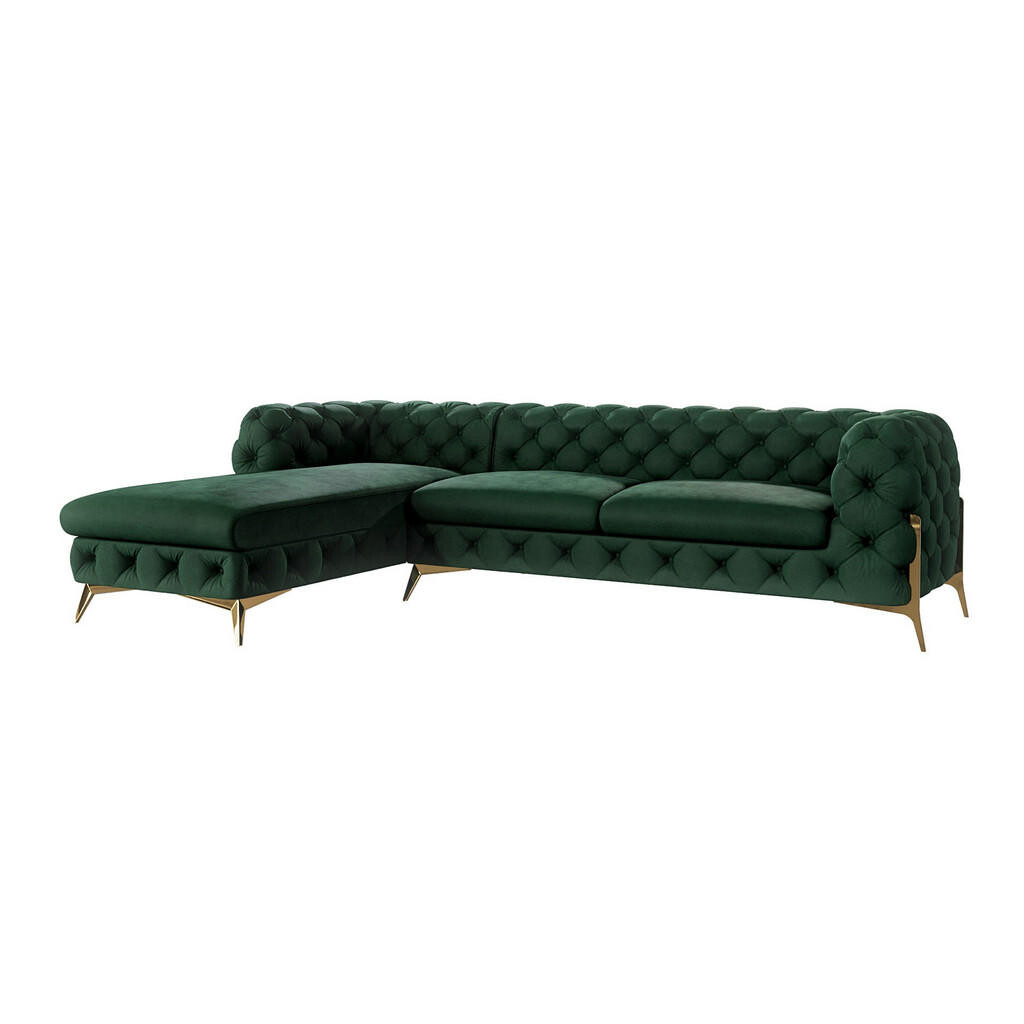 S-Style CHESTERFIELD ROHOVÁ SEDAČKA Lexi v lahvově zelené se zlatými nohami - otomán vlevo