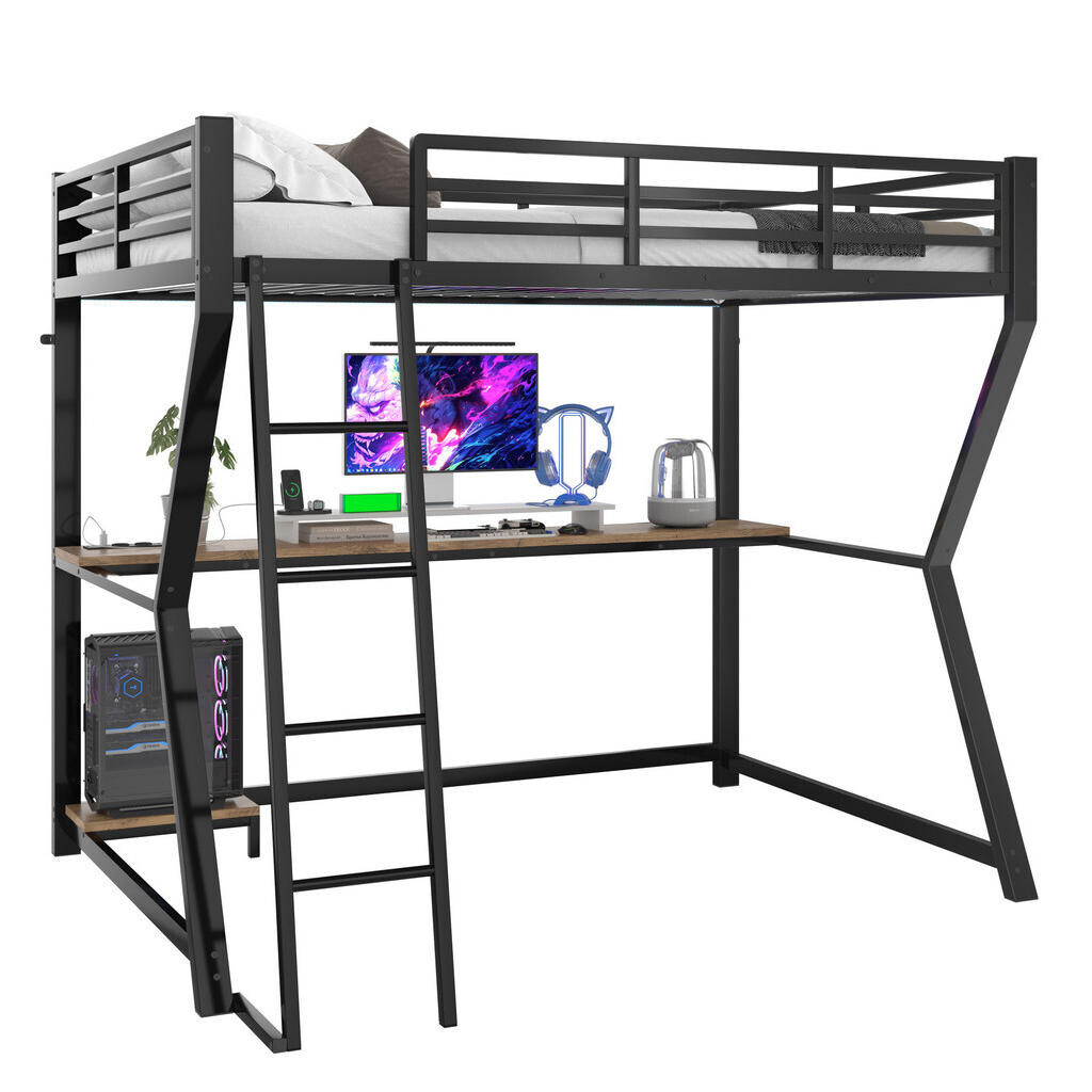 OKWISH VYSOKÁ postel 204,8/125,5/177,5 cm černá s LED osvětlením a psacím stolem z kovu a MDF