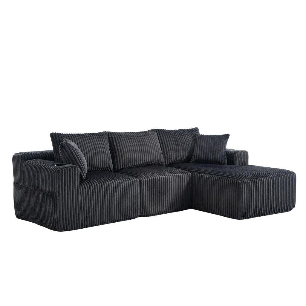 Redom MODULÁRNÍ pohovka 257/90-160/62 cm s lenoškou, 5 polštáři, držáky nápojů a bočními kapsami, manšestr, Šedá