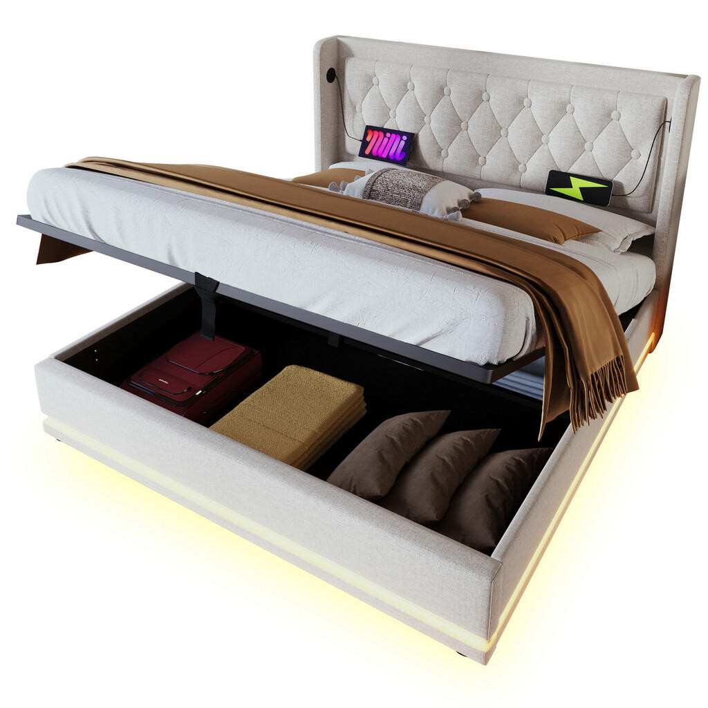 WISHDOR ČALOUNĚNÁ POSTEL 180/200 cm v béžové látce s úložným prostorem, LED osvětlením, USB a Type-C