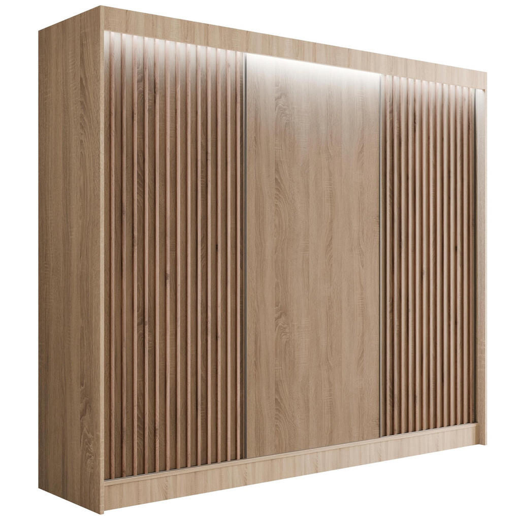 ALTDECOR ŠATNÍ SKŘÍŇ s LED osvětlením, lamelové posuvné dveře VILANv2 – 250 cm Sonoma dub + Sonoma dub + lamely z dubu wotan