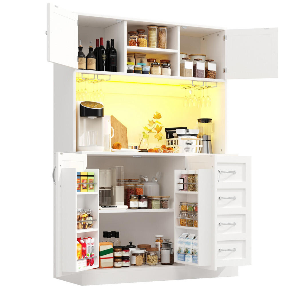 Redom BUFFET 120/40/188 cm s LED osvětlením, úložným prostorem, držáky na nápoje a 4 dvířky, Bílá