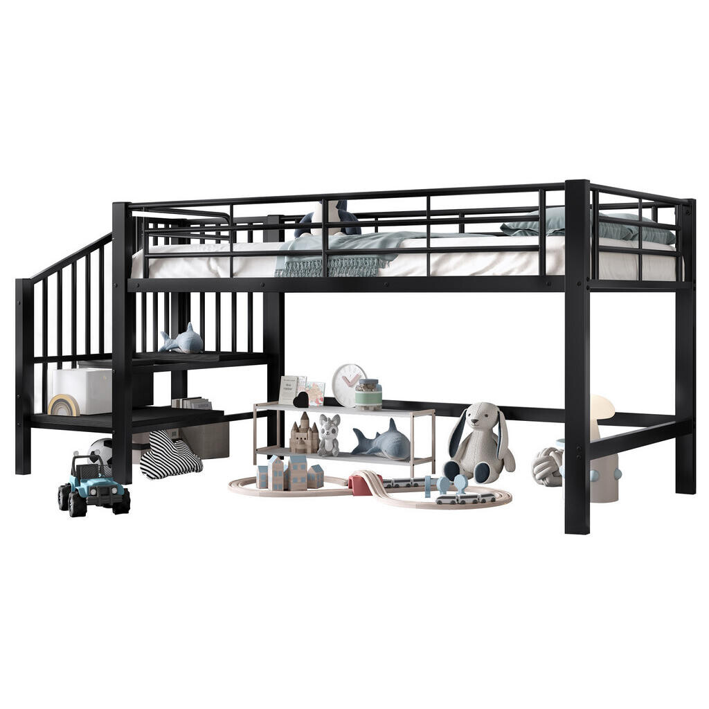 OKWISH PATROVÁ postel 90/200 cm černá, polovysoká, s úložnými schody z MDF a kovu