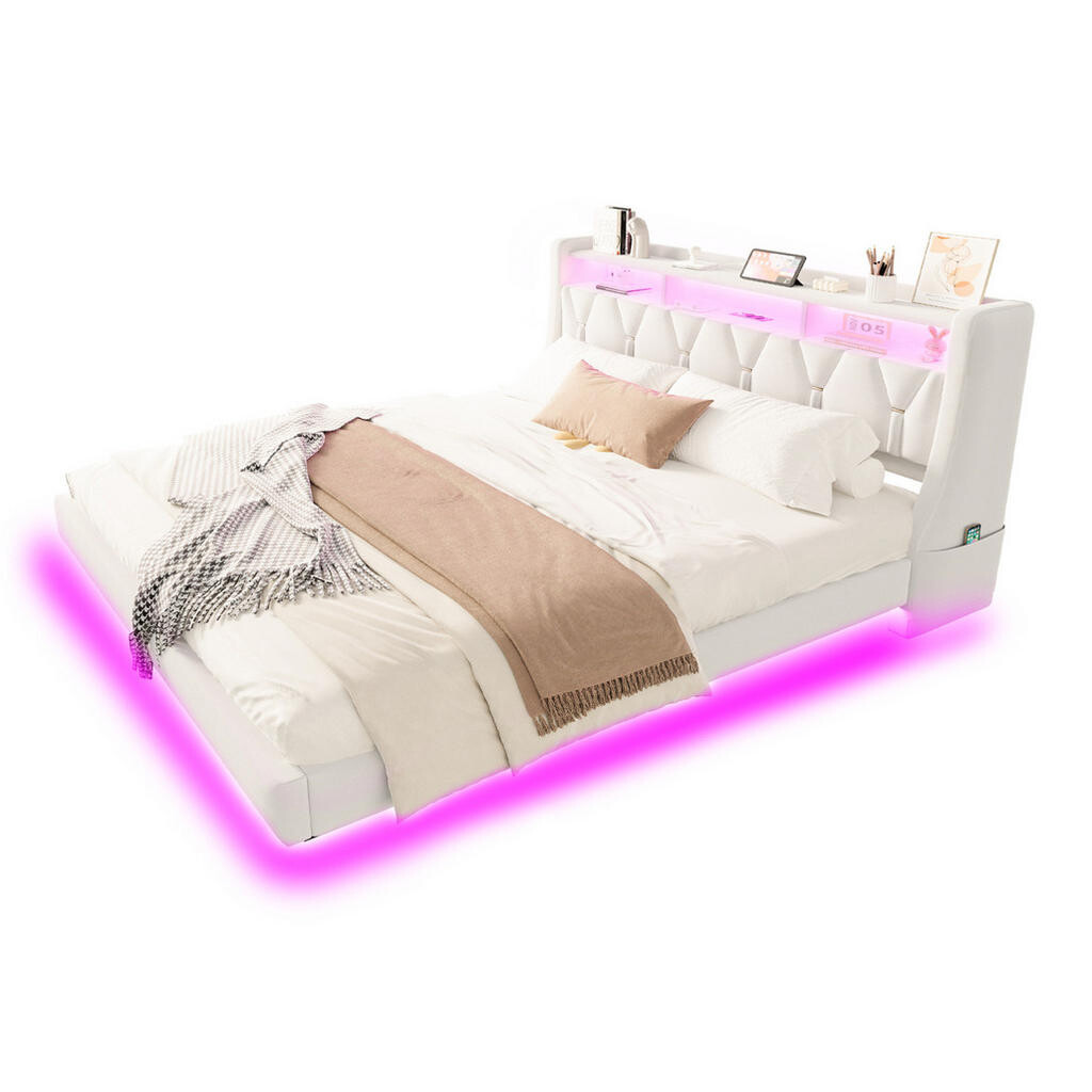 Redom ČALOUNĚNÁ postel 180/200 cm s LED osvětlením, USB, Type-C, zásuvkou a úložným čelem, béžová
