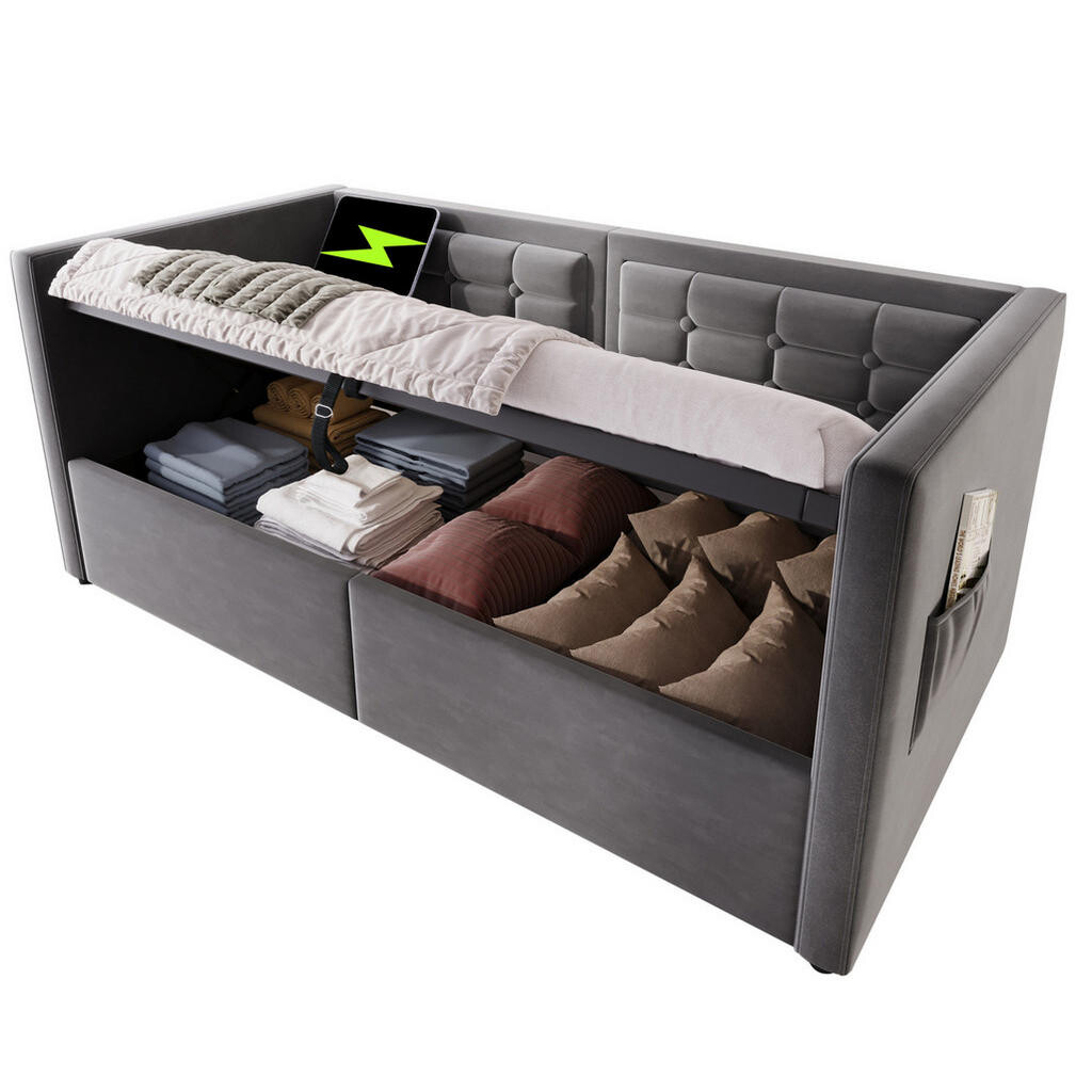 Redom ČALOUNĚNÁ postel 90/190 cm s hydraulickým úložným prostorem, USB a Type-C nabíjecí stanicí, Šedá