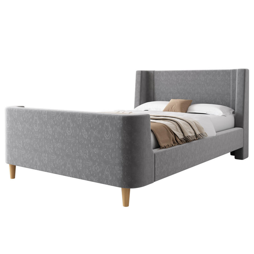 OKWISH DĚTSKÁ postel 90/200 cm šedá z sametu s vesmírným motivem a bezpečným rámem