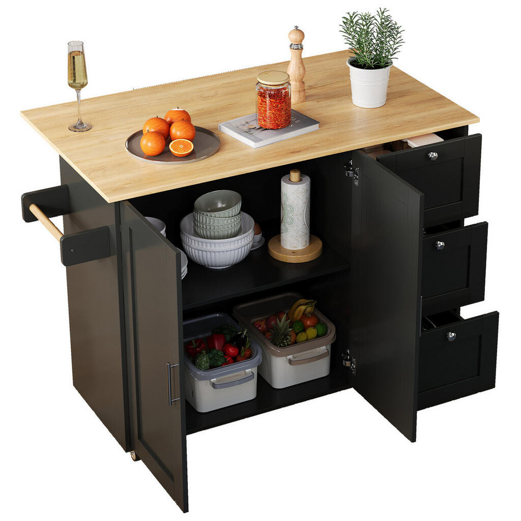 Redom KUCHYŇSKÝ ostrůvek 135/44(70)/90 cm s výklopnou pracovní deskou, úložným prostorem a kolečky, Černá+Přírodní