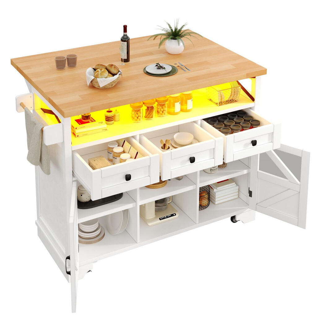 OKWISH KUCHYŇSKÝ vozík 120/71/98 cm bílý z MDF a kovu s LED osvětlením a výklopnou deskou
