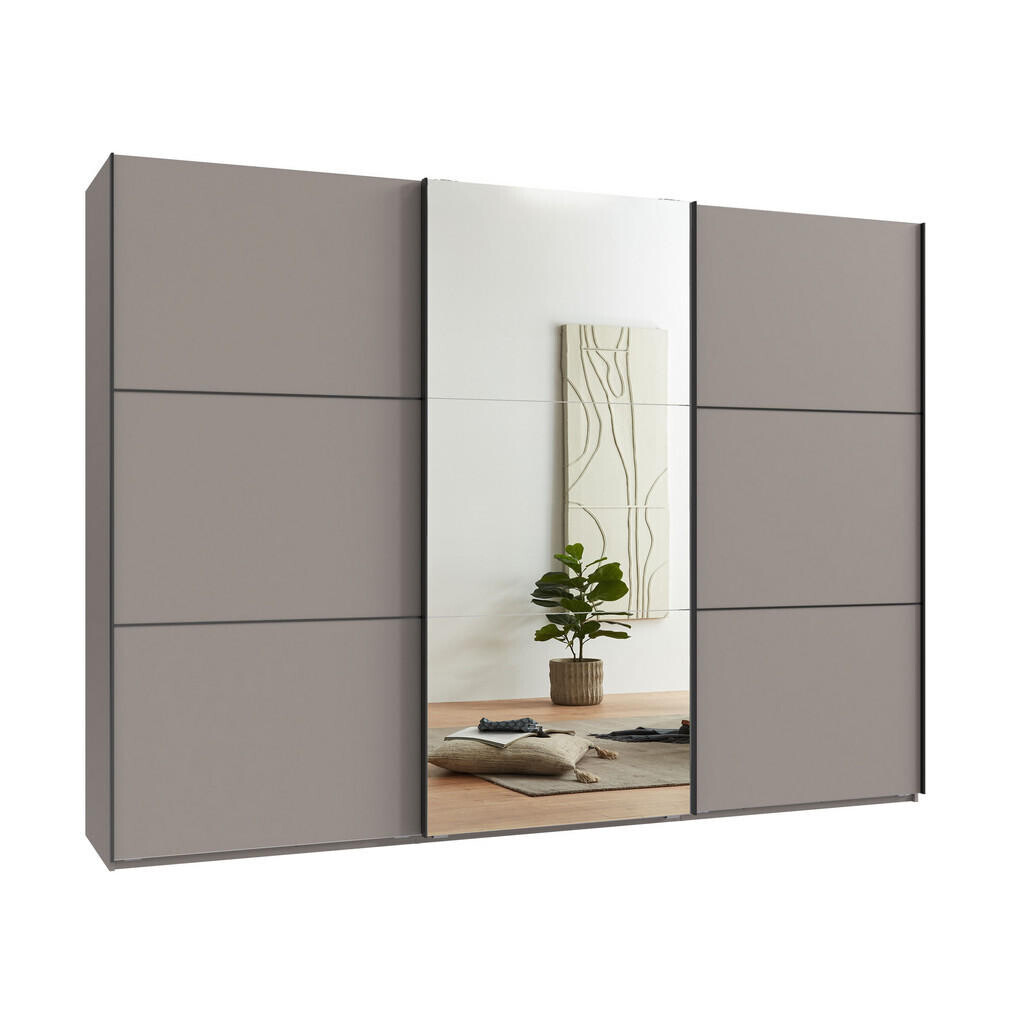 luma-home SKŘÍŇ S POSUVNÝMI DVEŘMI, 3dveřová, 300 × 216 × 65 cm (Š×V×H), v pískově šedé barvě, s jedněmi zrcadlovými dveřmi, včetně kompletního vybave