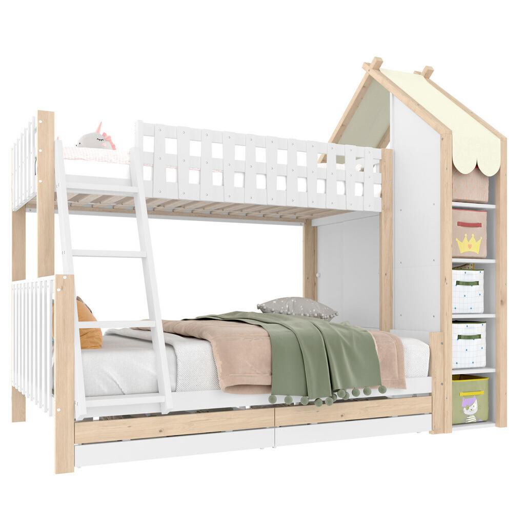 OKWISH PATROVÁ postel 90/200 cm + 140/200 cm bílá se dvěma zásuvkami a stříškou ve tvaru domečku
