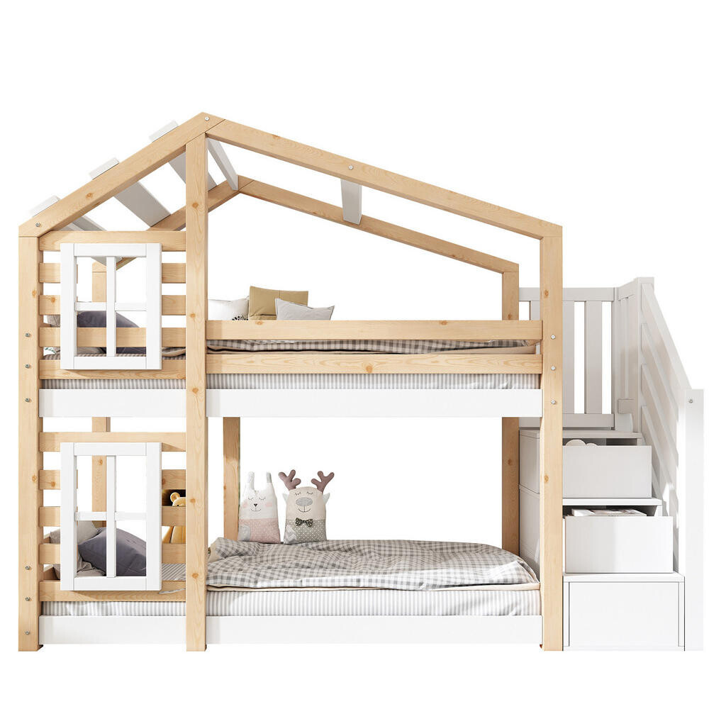 OKWISH PATROVÁ postel 90/200 cm přírodní/bílá z masivního dřeva a MDF s úložnými schody