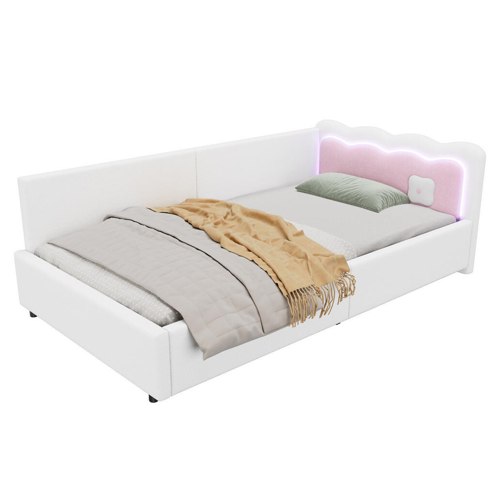 OKWISH DENNÍ postel 90/200 cm bílá z velvetu a MDF s LED osvětlením