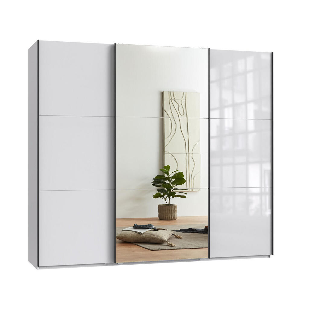 luma-home SKŘÍŇ S POSUVNÝMI DVEŘMI, 3dveřová, 250 × 216 × 65 cm (Š×V×H), bílá barva se skleněnými čely, jedny zrcadlové dveře / 22033