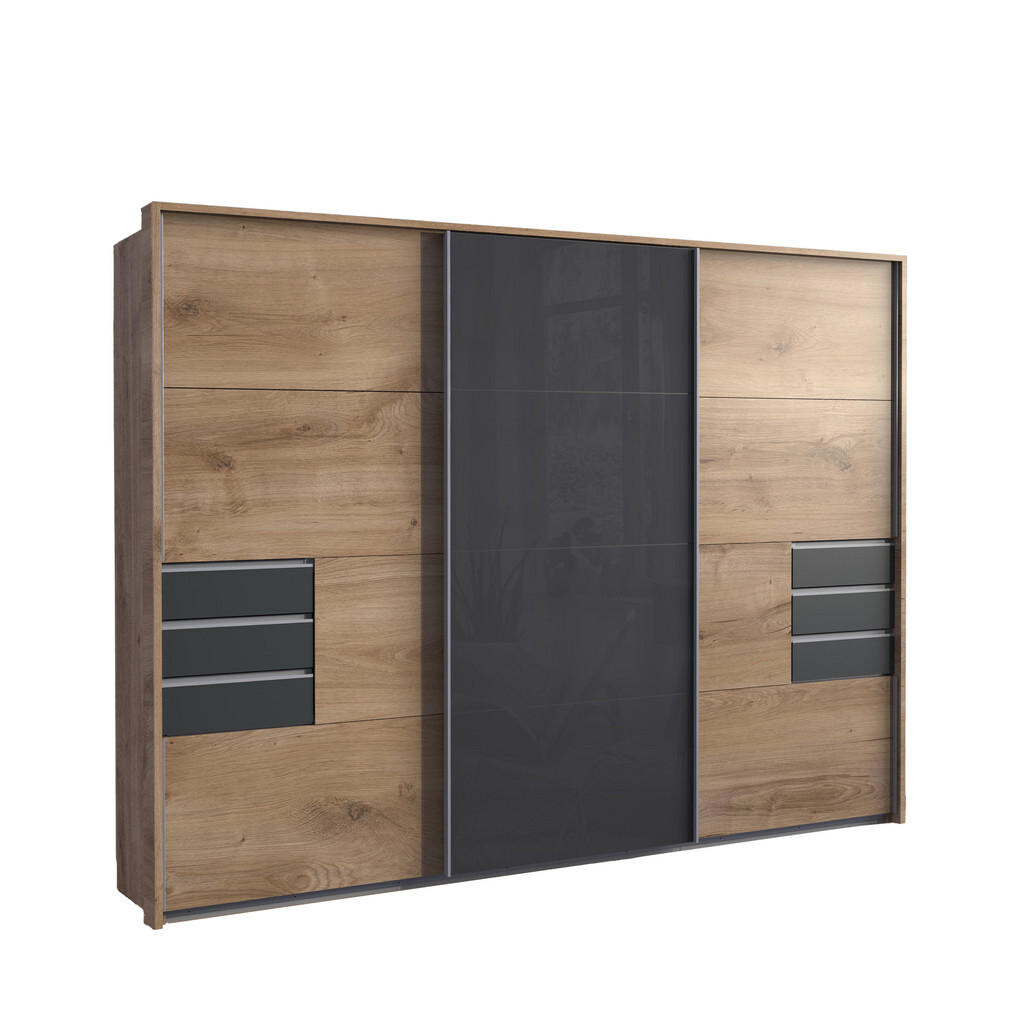luma-home SKŘÍŇ S VZPÍRAJÍCÍMI SE DVEŘMI, 273 × 64 × 213 cm (Š×H×V), 3dveřová, pasparta, zásuvky, dekor dubu/šedé sklo / 22617