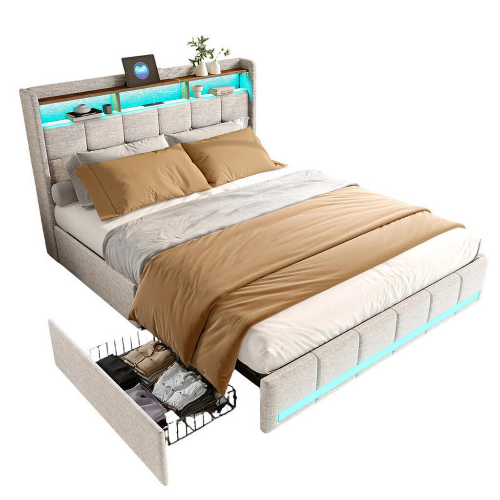 SHOPENTRA ČALOUNĚNÁ postel 180x200 cm béžová, lněná, LED, USB Type-C, 4 zásuvky