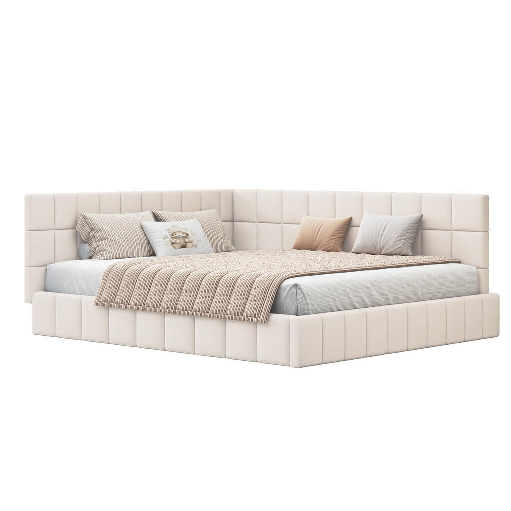 OKWISH ČALOUNĚNÁ postel 160/200 cm béžová z látky s lamelovým roštem a funkcí pohovky