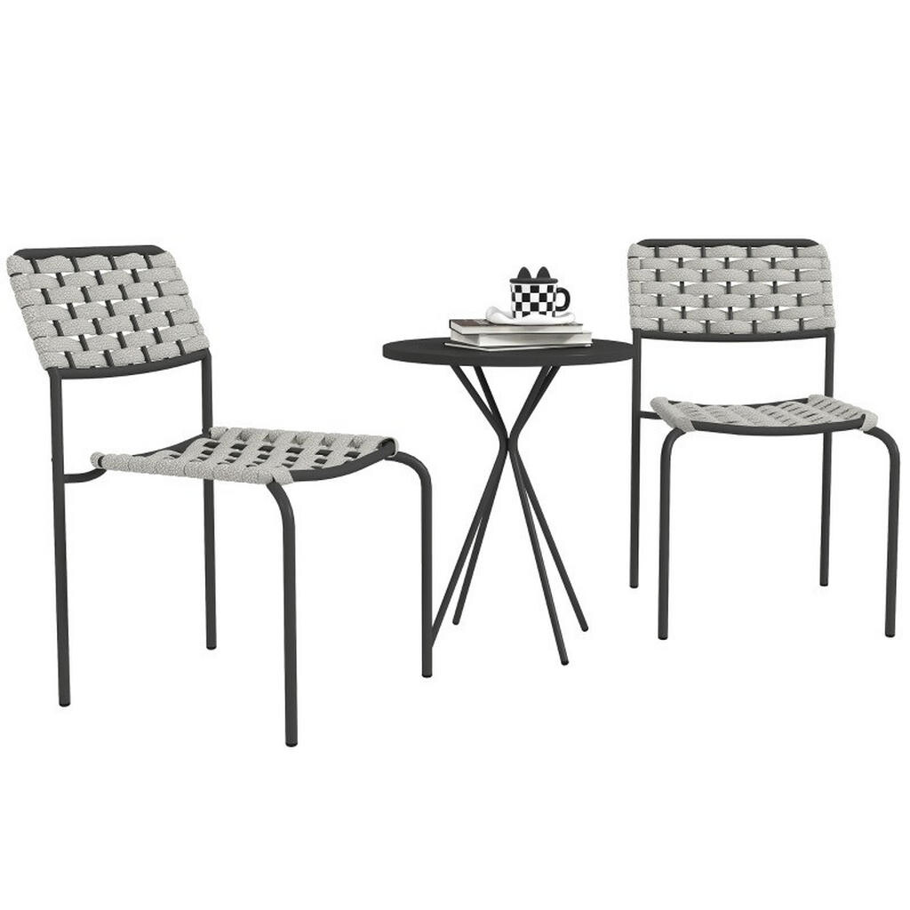 OKWISH ZAHRADNÍ bistro set 46/60/80 cm šedé z oceli se 2 stohovatelnými židlemi a stolkem